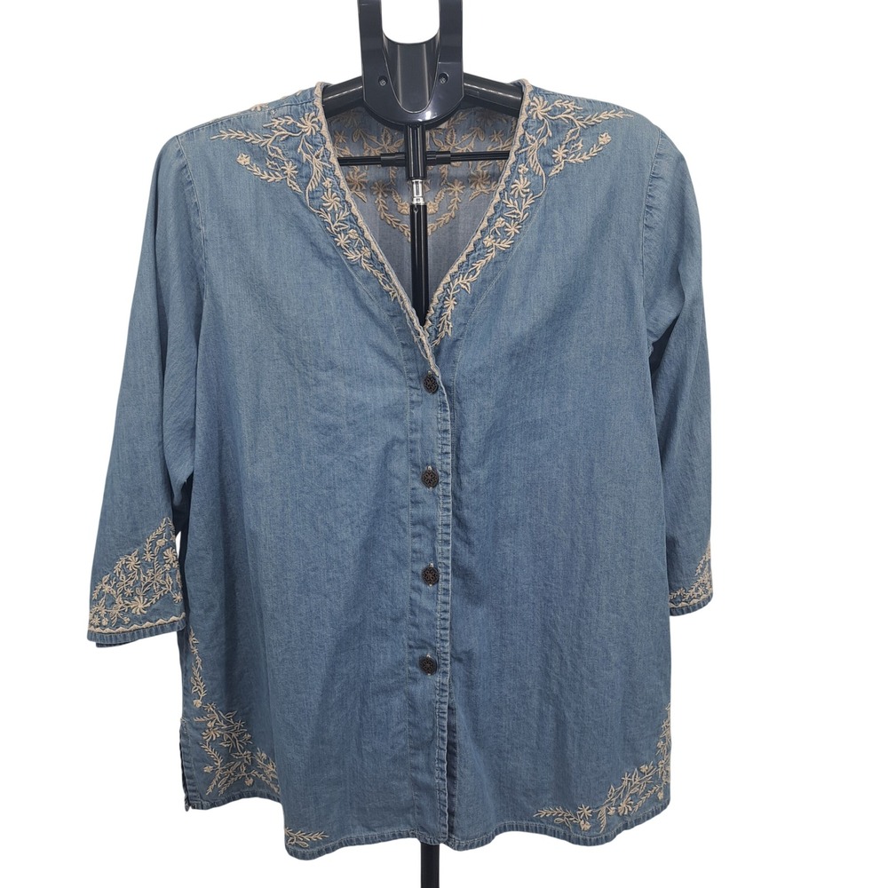 Coldwater Creek Embroidered Denim Shirt Blue 1X Boho Cotton Top Floral Peasant